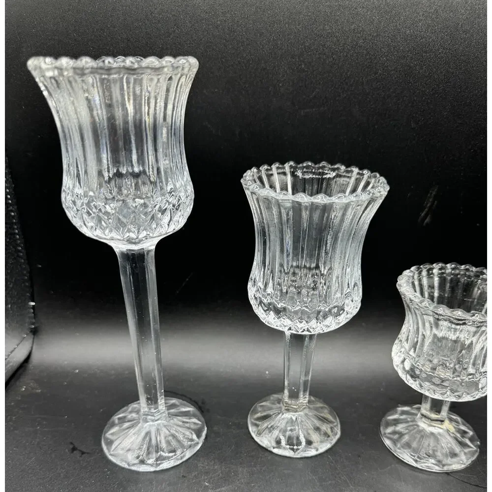 3 Beautiful Home Interiors Candle Holders Matching Clear Cut Glass EUC -A99